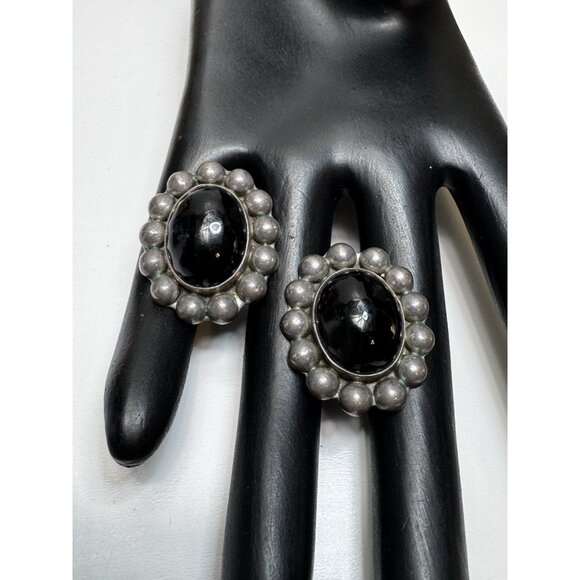 Mexican Sterling Silver Taxco Mexico Cabochon Onyx Oval Stud Earrings Modernist - Picture 10 of 10